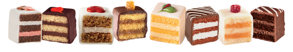 A row of 8 Petits Fours in a variety of flavors cut in half - Buy Now, Pay Later cakes & desserts