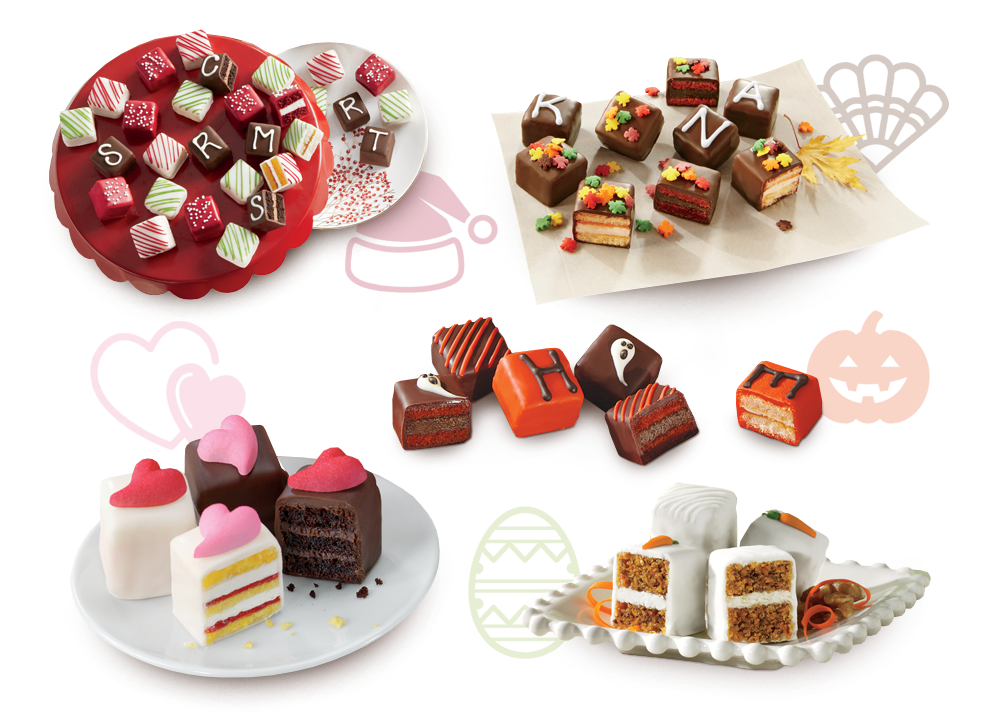 A variety of petits fours displayed for different holidays and seasons - Christmas, Fall, Valentines Day and Easter