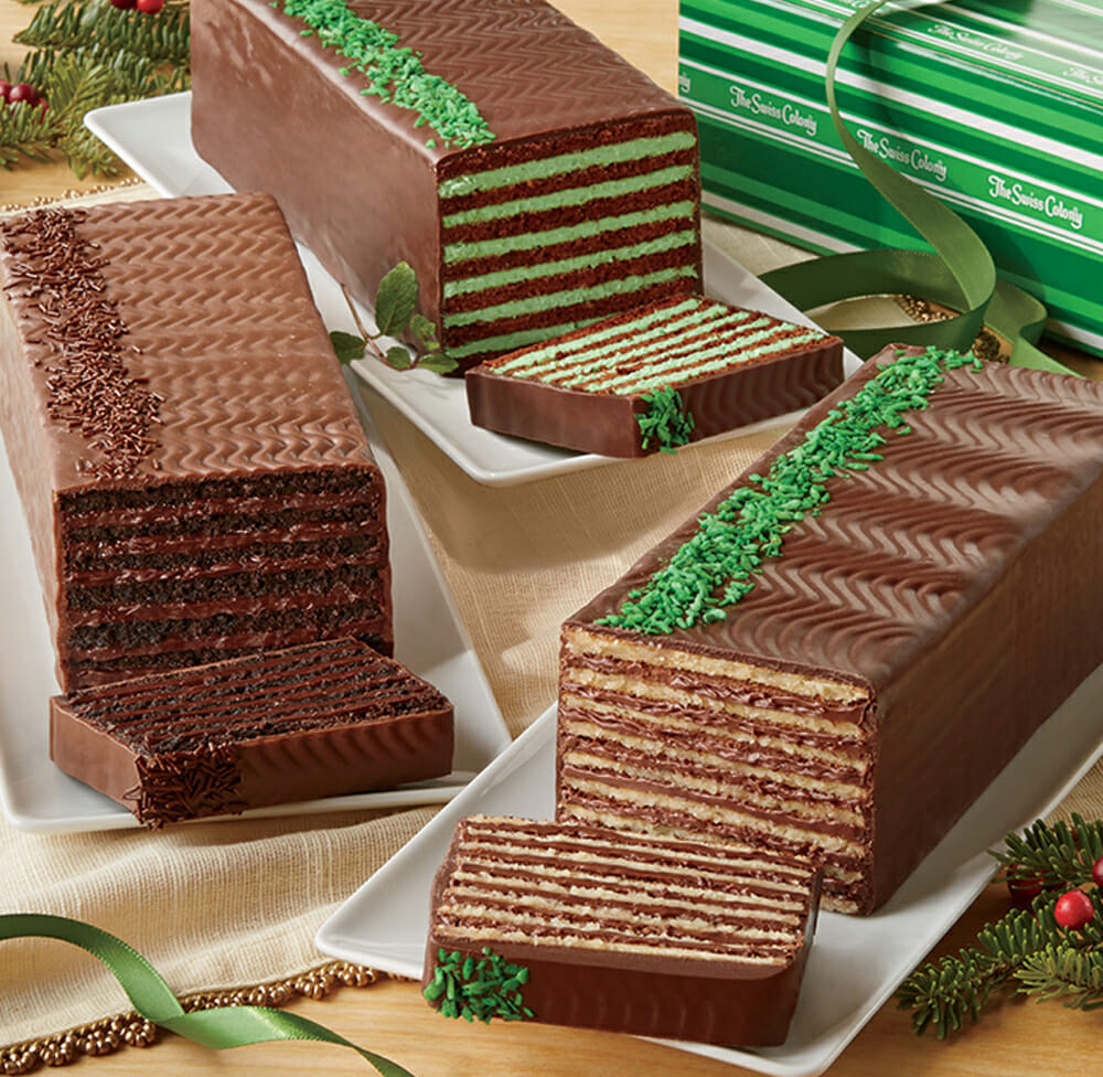Dobosh Tortes - 3 Cakes with one slice cut on each, Chocolate, Mint-Chocolate and Triple Chocolate. Buy Now, Pay Later.