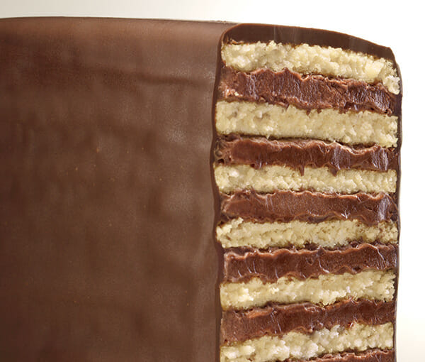 Chocolate Torte Cake up Close showing cake layers, with chocoate cream between layers and Chocolate Covered