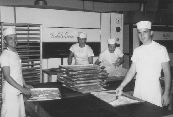 Pastry Chef's Layering Dobosh Torte on Pan - Pre 1970's Bakery