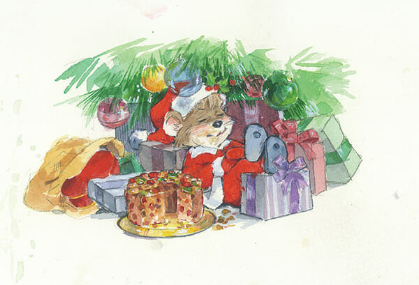 Chris Mouse Sleeping under Christmas Tree with Partially Eaten Fruitcake