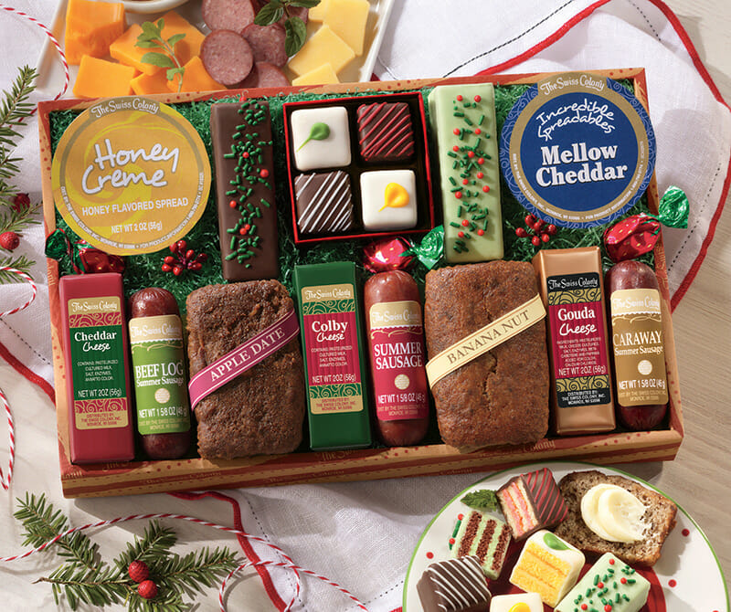 Holiday Food Gift Box - 13 items, Sausage, Cheese, Breads and Petits Fours - Buy on Credit