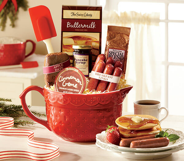 Breakfast Gifts - Red Batter Bowl with Pancake Mix, Sausage, Coffee and Spatula