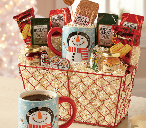 Breakfast Gift Basket - Sample Coffee Variety, Snowman cup - Shop now, Buy Later