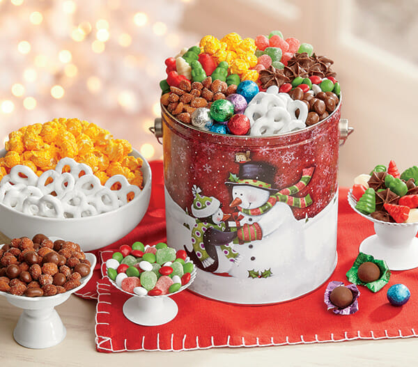 Snack Gifts - Pretzels, Candy, Nuts in a Penguin-Snowman Tin