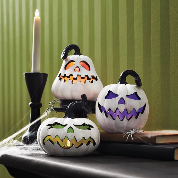 Set of 3 Lit Jack-O-Lanterns, White, large