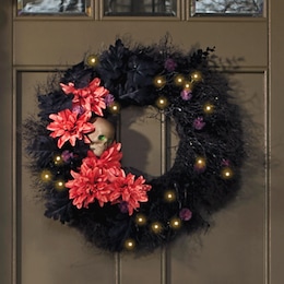 Lit Skull in Mums Wreath, , large