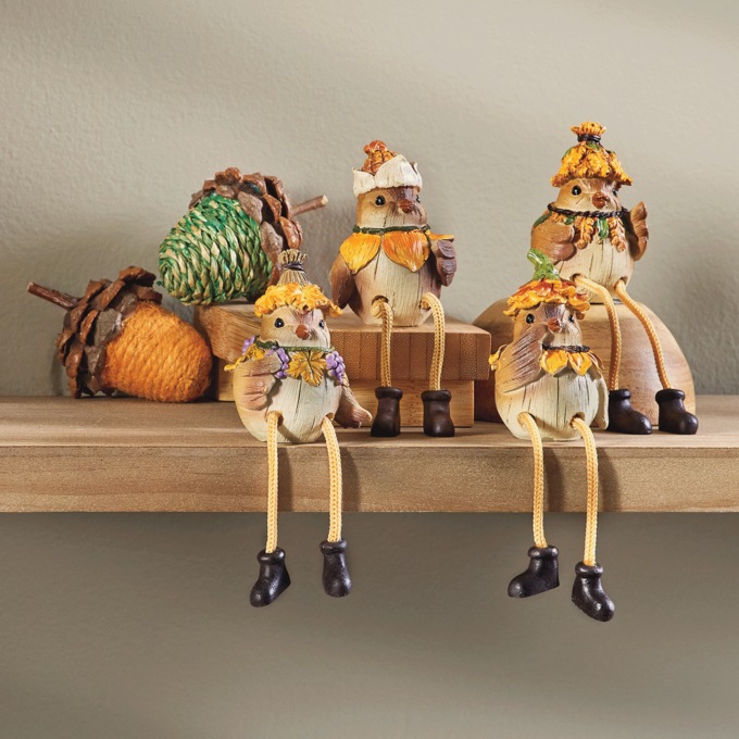 Set of 4 Harvest Bird Shelf Sitters, Multi, large