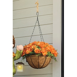 Outdoor Lit Faux Mums in Hanging Basket, , large