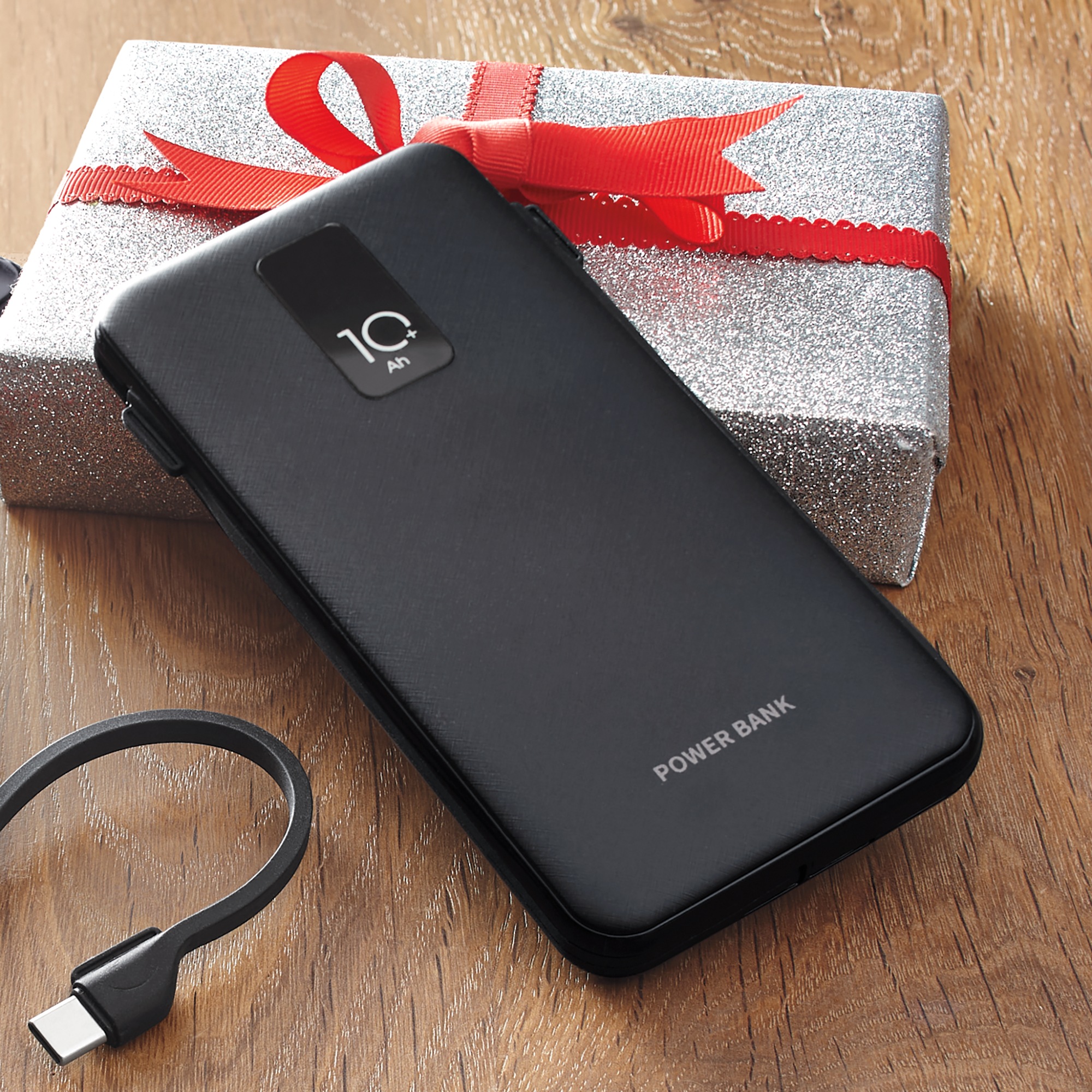 10,000mAh Portable Power Bank with Built-In USB-C, Micro USB and Lightning Cables, Black, large