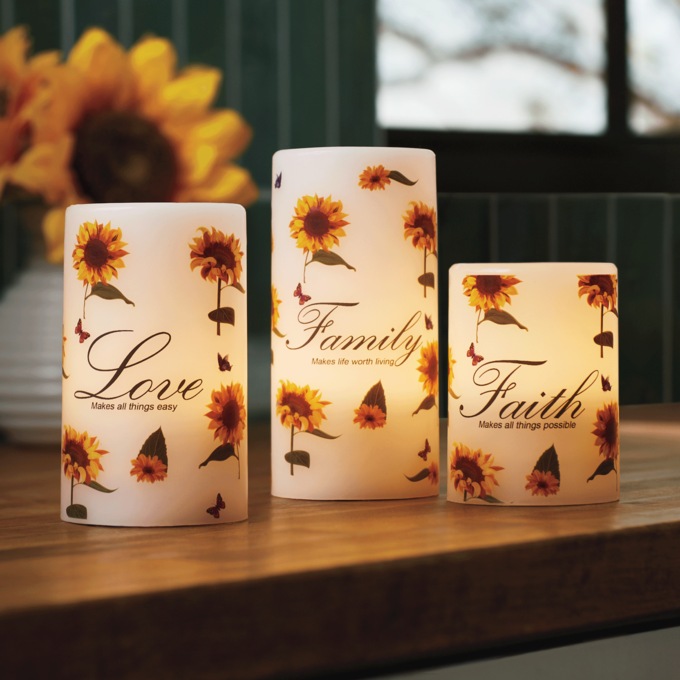 Set of 3 LED Sunflower Sentiment Candles, Multi, large