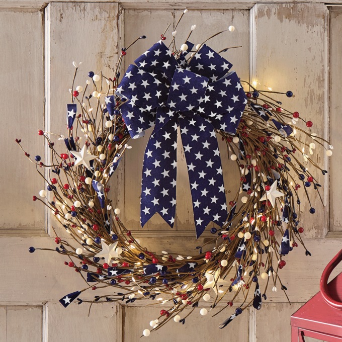 Lit Red, White and Blue Stars and Berry Wreath, , large