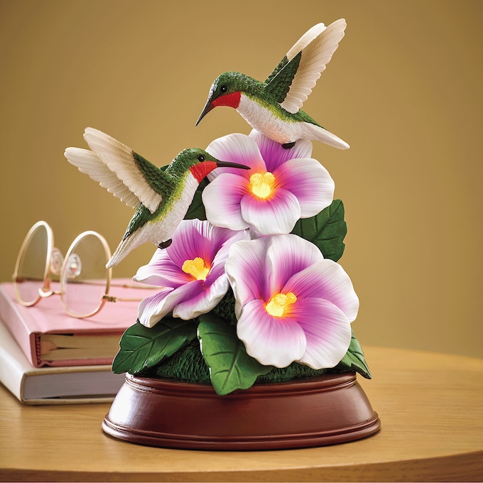 Lit Hummingbird Floral Sculpture, , large