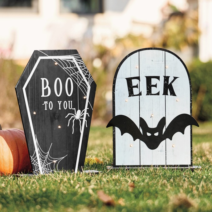 Set of 2 Outdoor Halloween Tombstone Signs, Black White, large