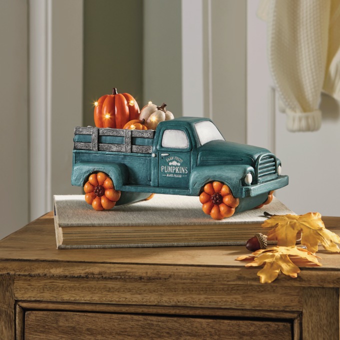 LED Lit Vintage Harvest Pumpkin Truck with Timer, Teal, large