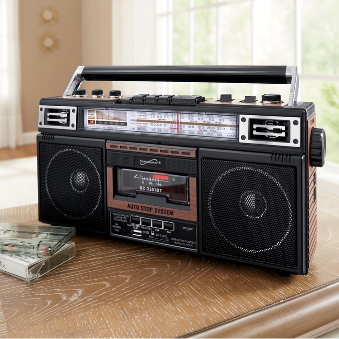 Supersonic 4-Band Radio and Cassette Player with Bluetooth, Wood, large