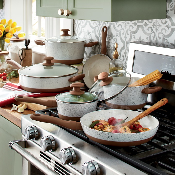 Two-Tone Speckled 10-Piece Ceramic Cookware Set, , large