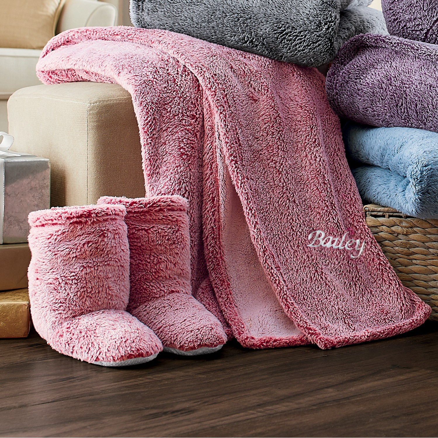 Ultraplush Throw Blanket and Bootie Slippers Gift Set Swiss Colony