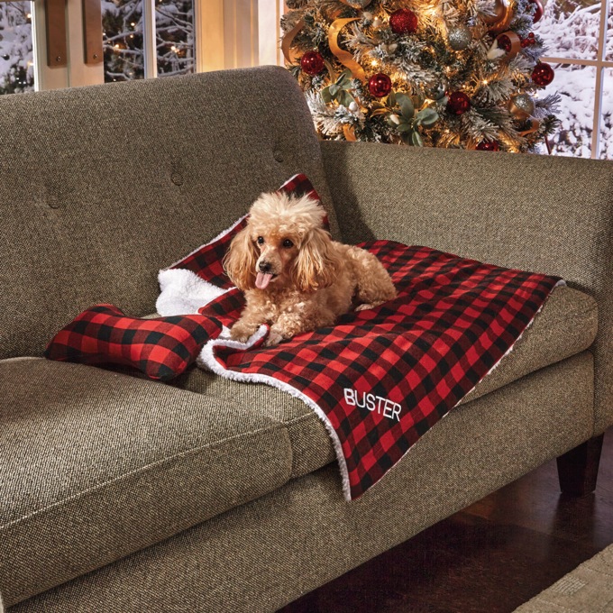 Faux-Sherpa Pet Blanket with Plush Toy, Red Black Plaid, large