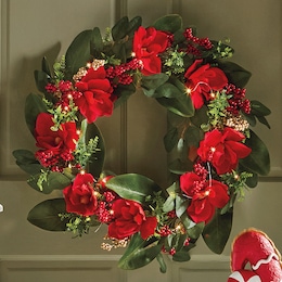 Lit Poinsettia Wreath, , large