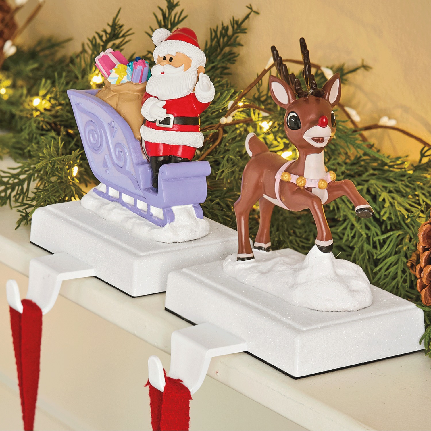 Set of 2 Santa and Rudolph Stocking Hangers | Swiss Colony