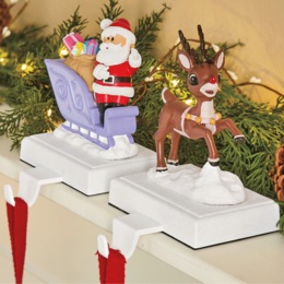 Set of 2 Santa and Rudolph Stocking Hanger, , large
