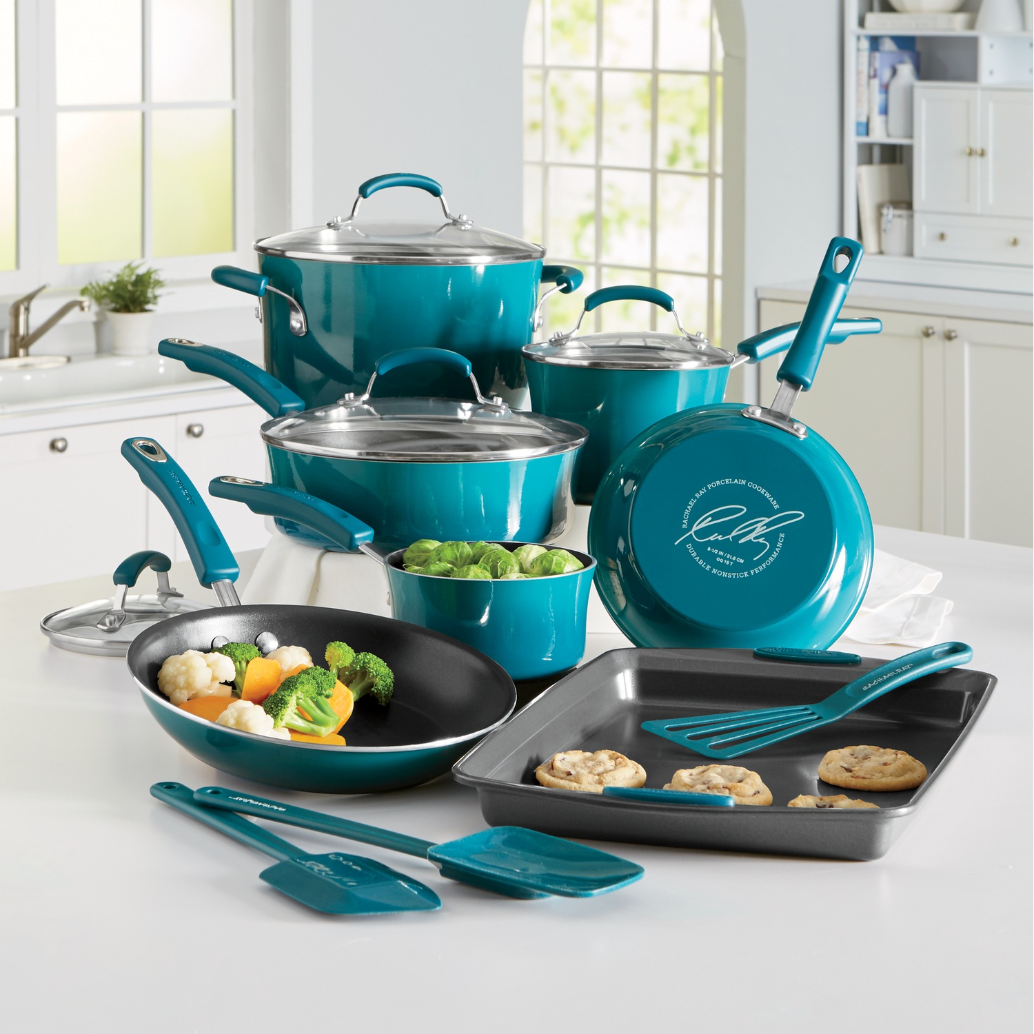 Rachael Ray 12-Piece Cityscapes Porcelain Enamel Cookware Set - Turquoise