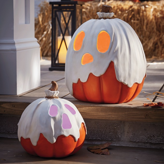 Set of 2 Outdoor Lit Ghost Pumpkins, White, large