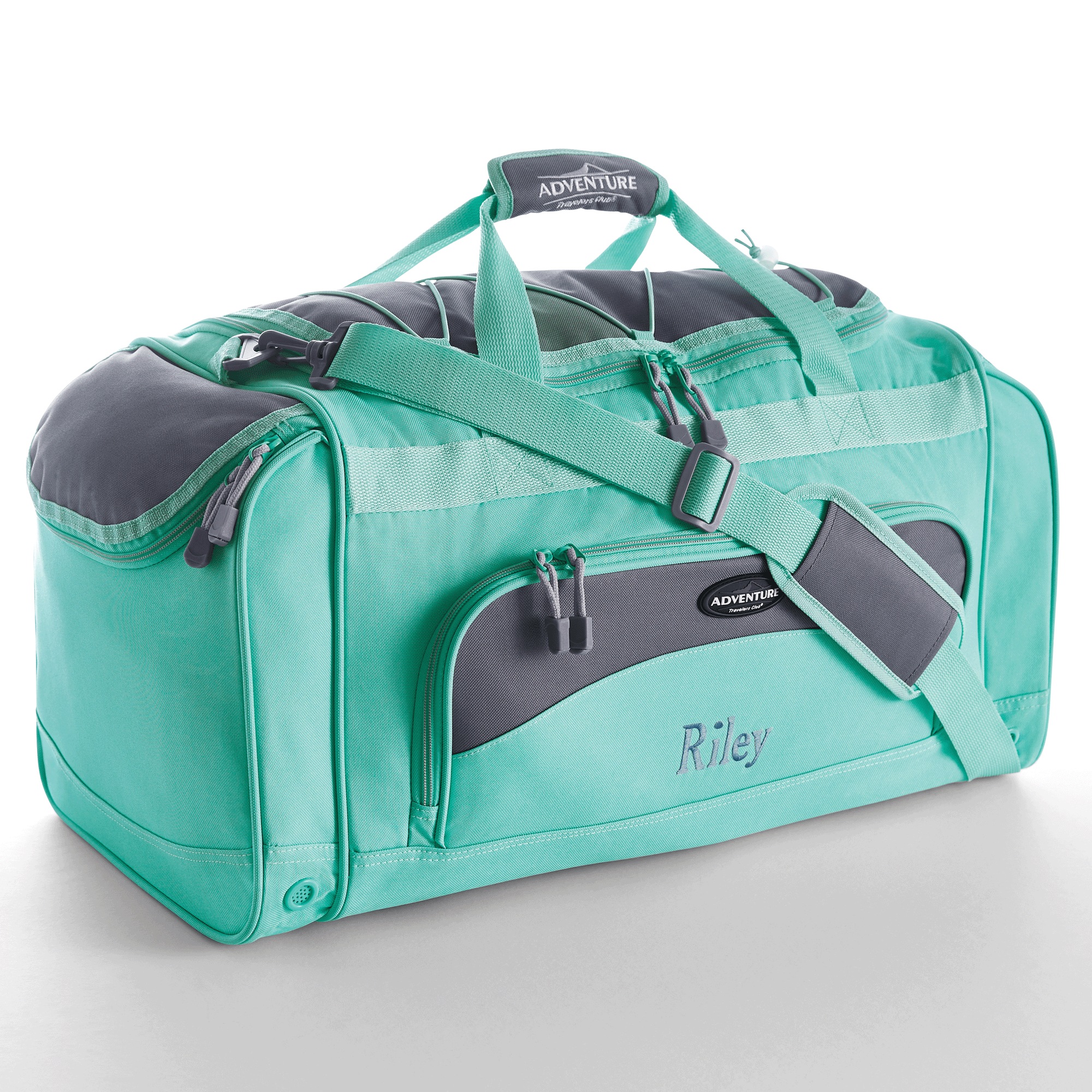 Personalized Duffel Bag with Shoe Pocket and Lockable Zips, Aqua Gray, large