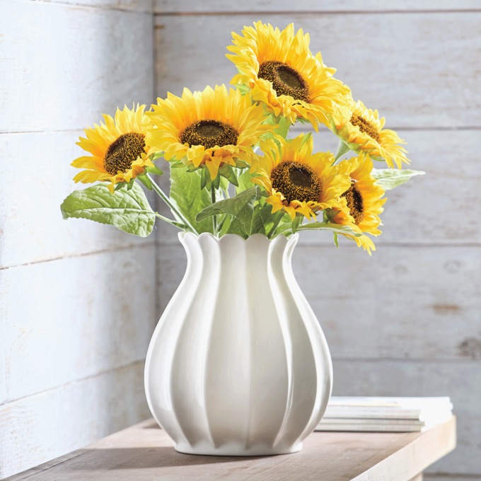 Ribbed Scalloped Stoneware Vase, White, large