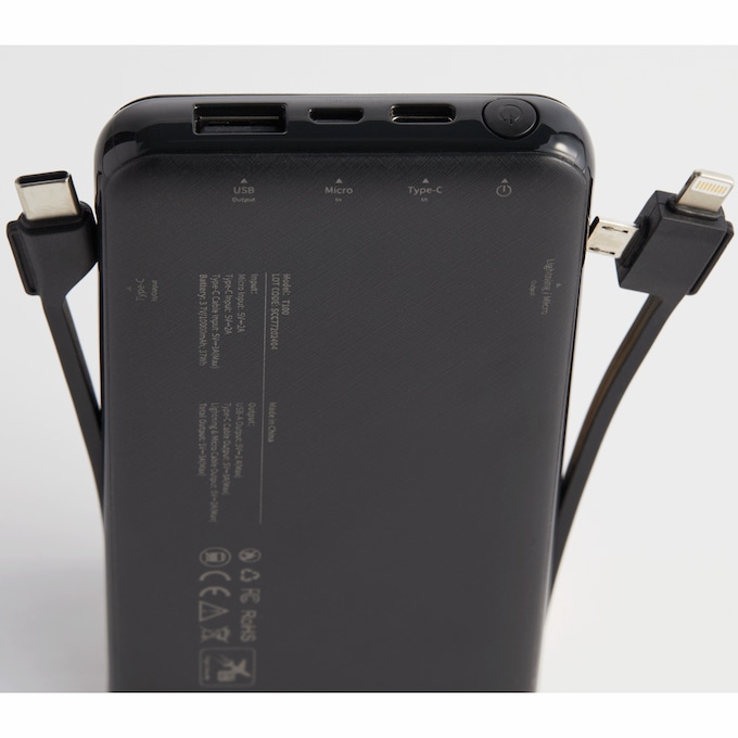 10,000mAh Portable Power Bank with Built-In USB-C, Micro USB and Lightning Cables, Black, large
