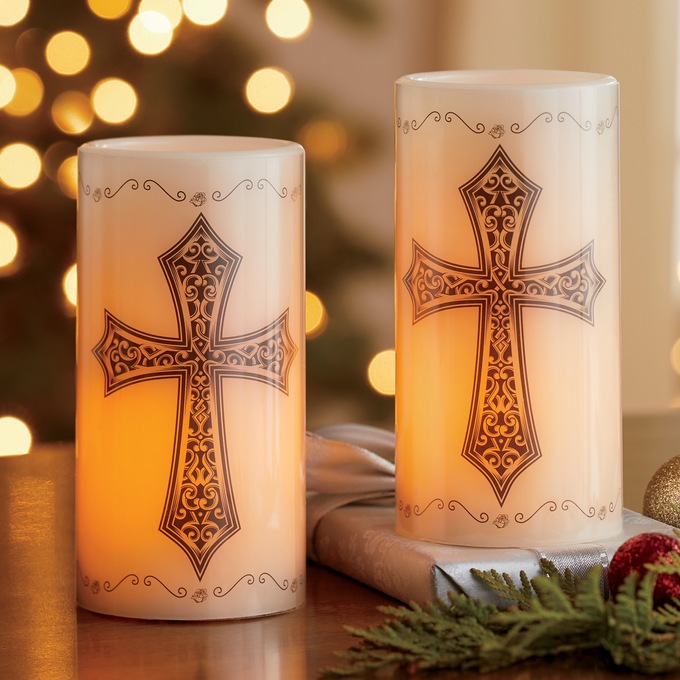 Set of 2 LED Traditional Cross Candles, , large