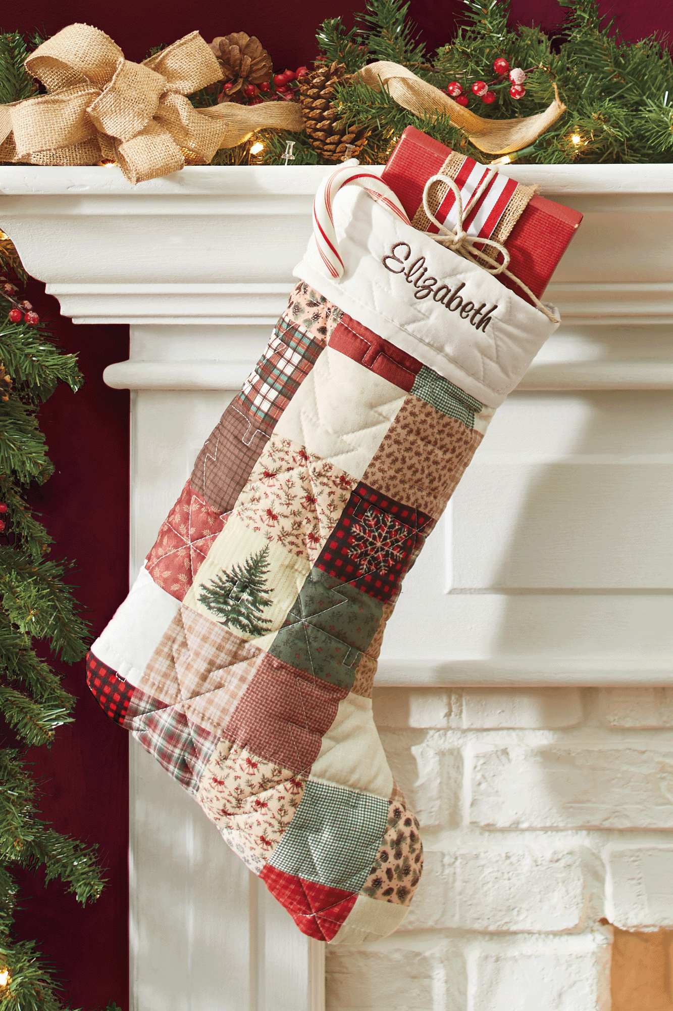 Rustic Quilted Patchwork Christmas Stocking, Multi, large