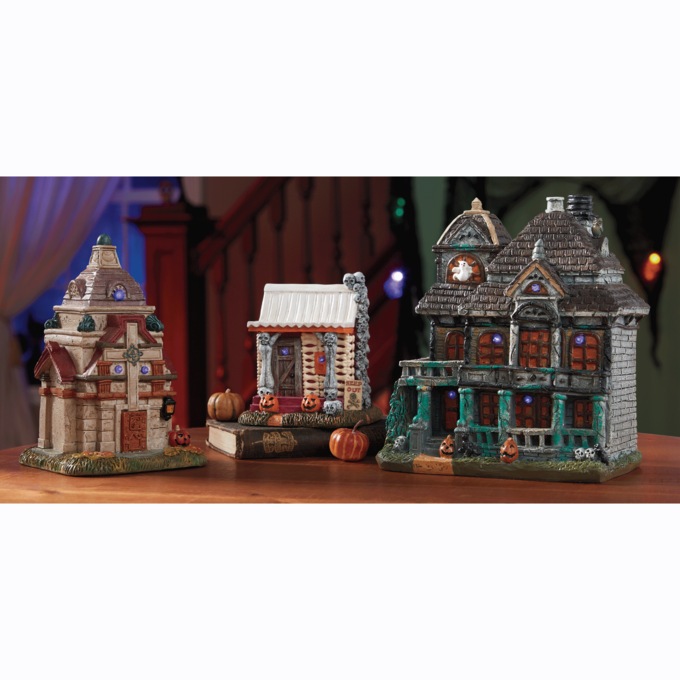 Set of 3 Lit Halloween Houses, , large