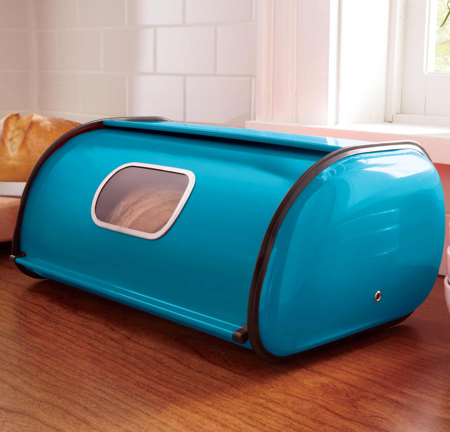 Ventilated Countertop Metal Breadbox with Window, Island Blue, large