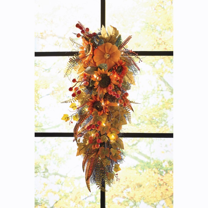 Lit Faux Floral Pumpkin and Sunflower Swag, Multi, large