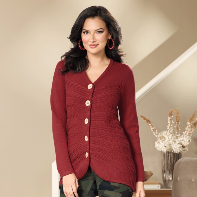 Katrina Button-Front Cardigan Sweater with Cable Knit Detail, , large
