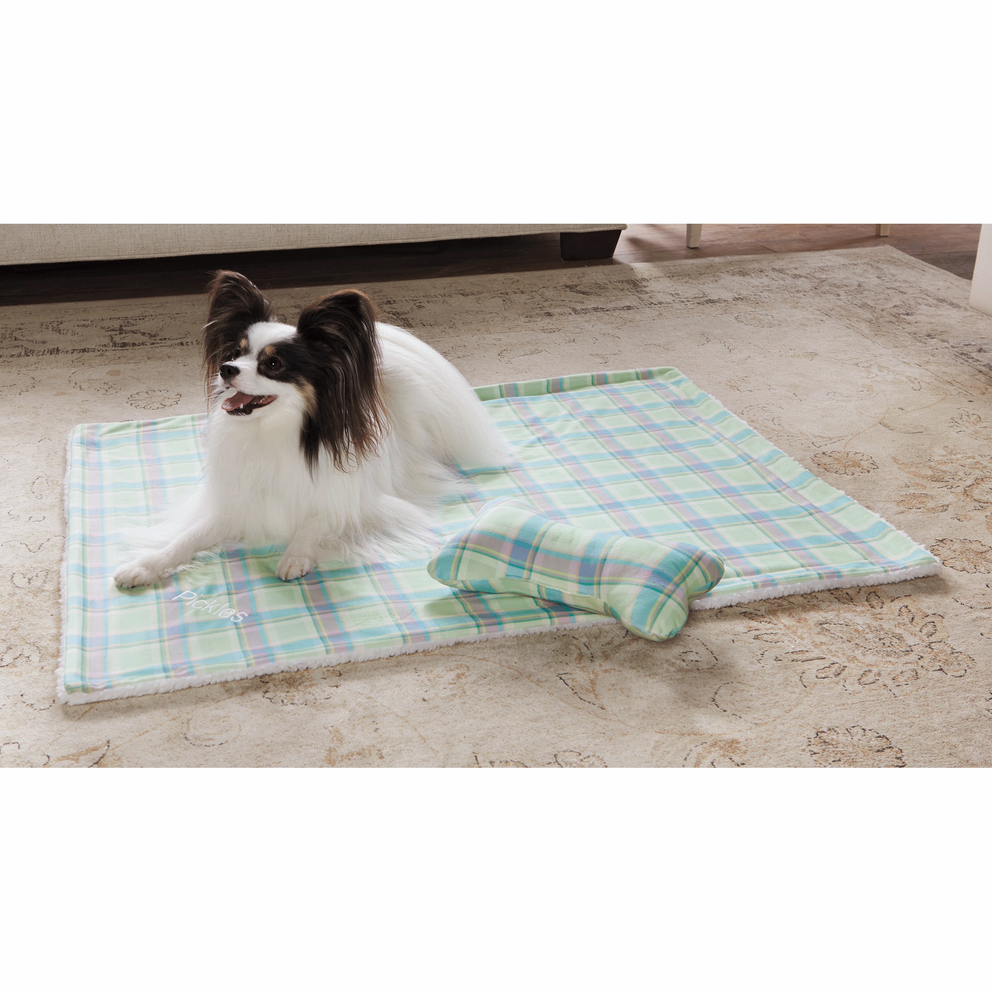 Faux-Sherpa Pet Blanket with Plush Toy, Pastel Plaid, large