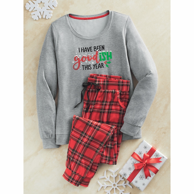  Goodish Holiday PJ Set with Screen-Printed Top and Plaid Pants, , large