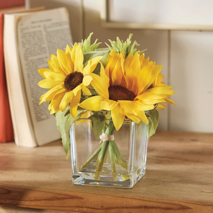 Faux Sunflower Arrangement in Glass Vase, Yellow, large