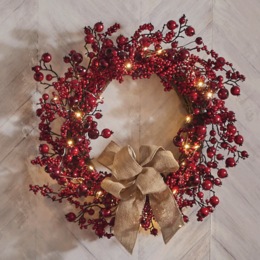 LED Lighted Cranberry Berry Wreath 24" - Red Christmas Holiday D&eacute;cor, , large
