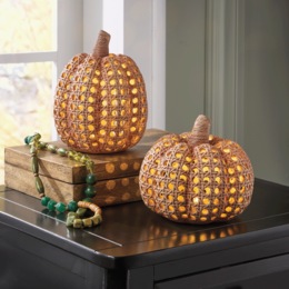 Set of 2 LED Lit Cane-Style Resin Pumpkins with Timer, , large