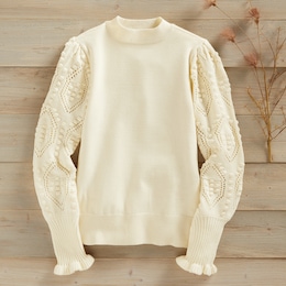 Nora Ribbed Women's Sweater with Pointelle Balloon Sleeves and Mockneck, , large