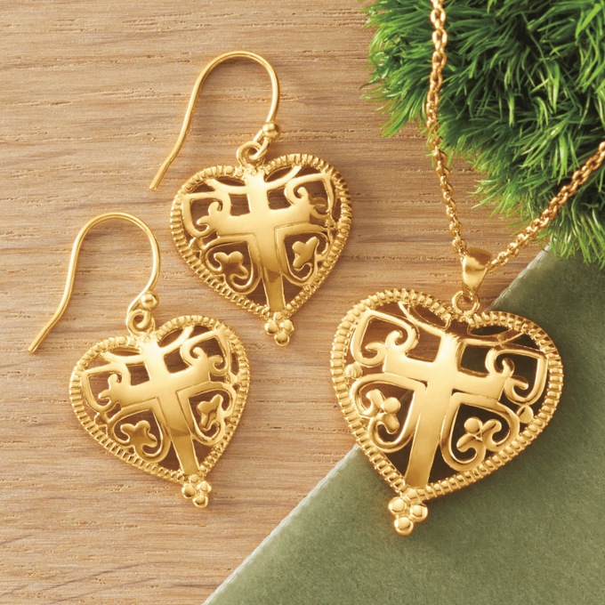 Heart Cross Necklace and Earring Set, , large
