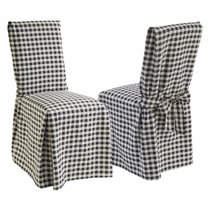 Gingham Check Dining Chair Cover with Ties, Black, large