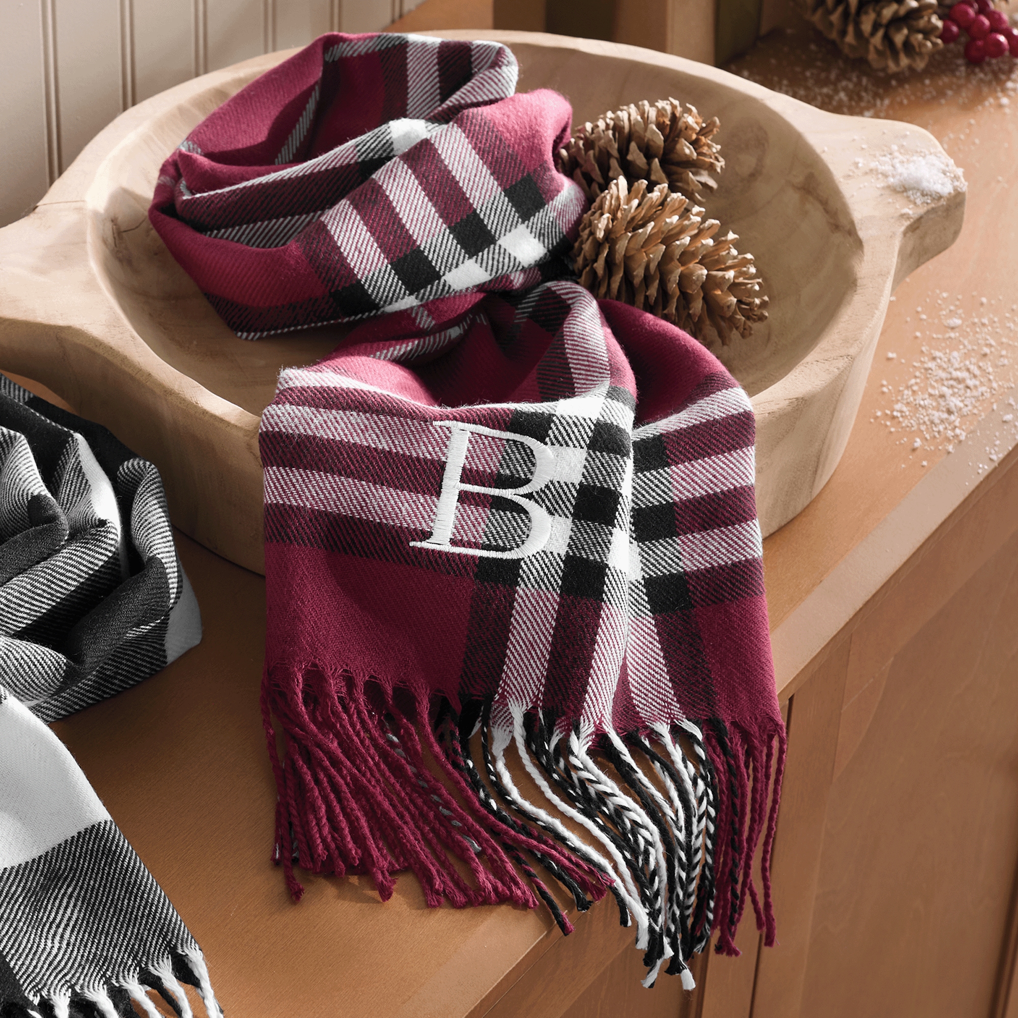 Men's Plaid Scarf, Wine, large