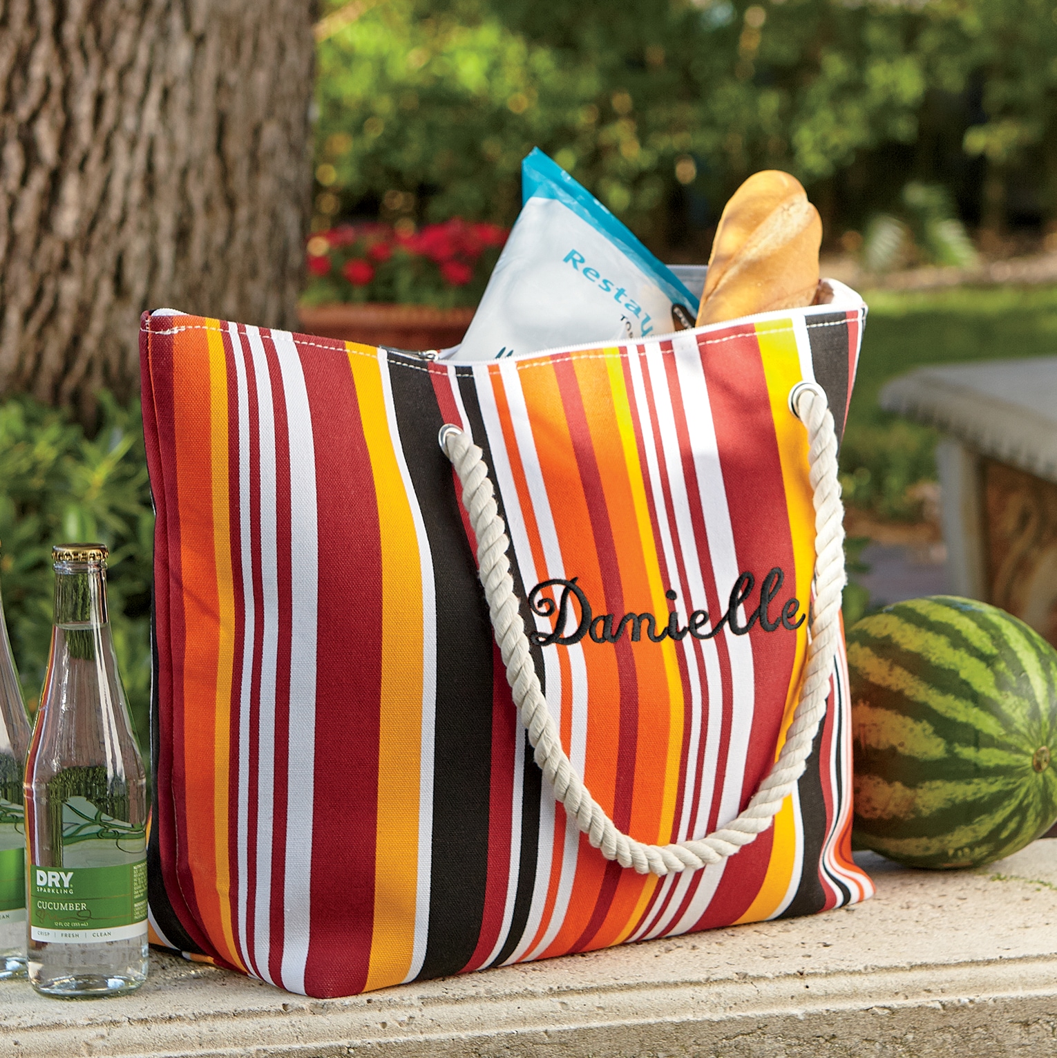 Personalized Striped Tote, Orange Stripe, large