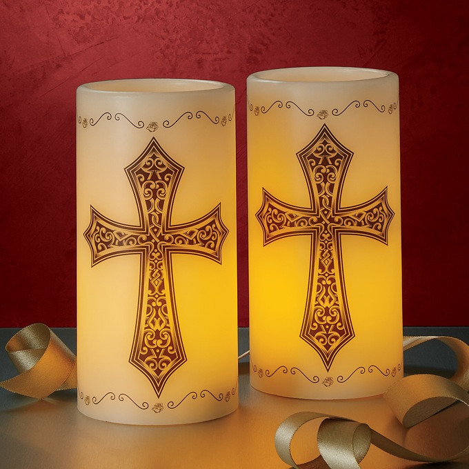 Set of 2 LED Traditional Cross Candles, , large
