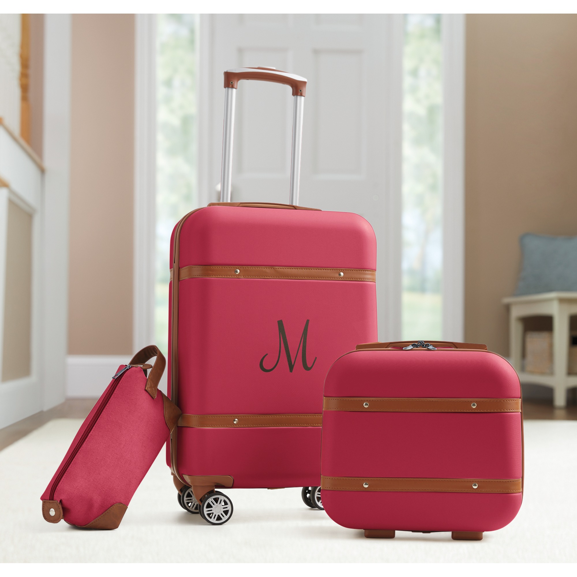 3-Piece Vintage Hardside Luggage Set, Red, large